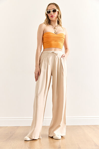 Olalook Kadın Taş Cepli Pliseli Dökümlü Bol Paça Pantolon PNT-19000349