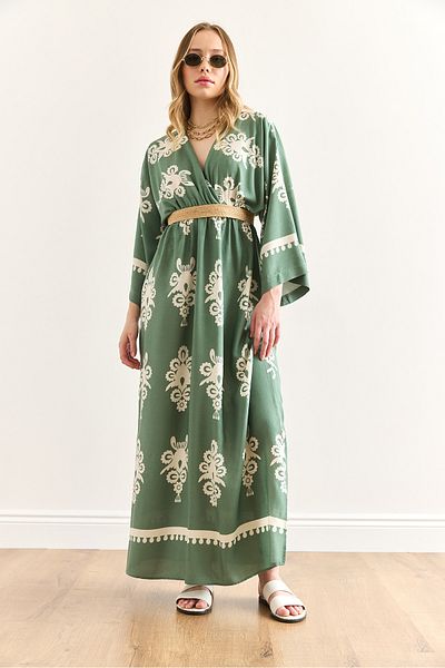 Olalook Women's French Green Double Breasted Collar Elastic Waist Maxi Slit Viscose Dress Elb-19002383