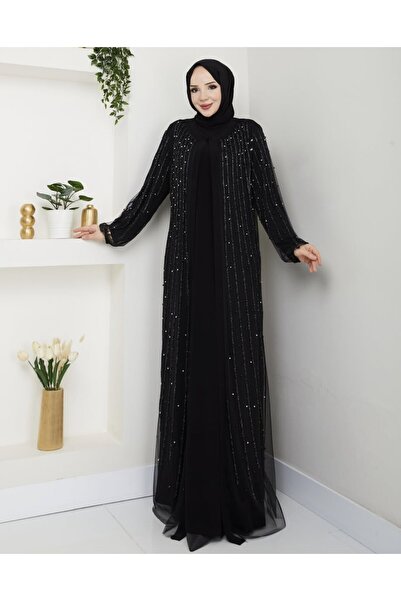 GLR&GYM GÜLPERİ KADIN BÜYÜK BEDEN FLOK BASKILI TAŞLI ABAYA/ABİYE ELBİSE
