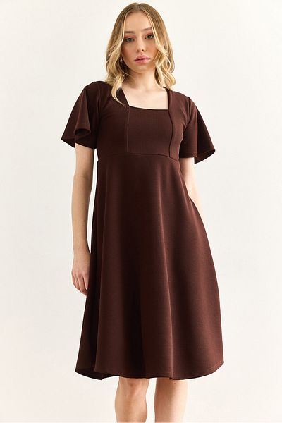 Olalook Women's Brown Sleeve Detailed Crepe Flared Dress Elb-19002427