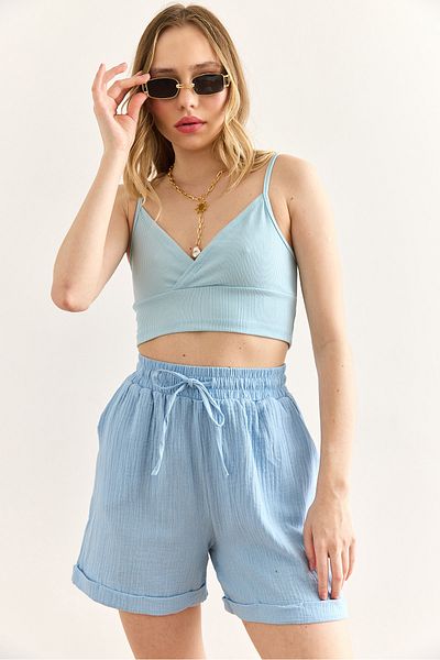 Olalook Pantaloni scurți de muselină pentru femei, albastru bebeluș, cu buzunar elastic în talie ŞRT-19000060