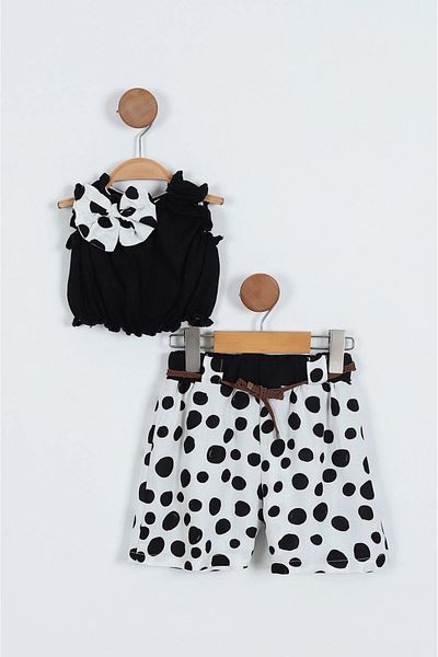 Butik Lena Black and White Polka Dot Patterned Bow Cropped Viscose Shorts Girl's Suit