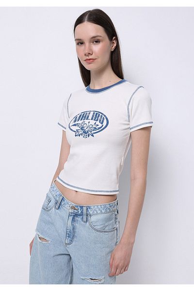 Colin's Tricou alb cu mânecă scurtă pentru femei, cu decolteu rotund, slim fit