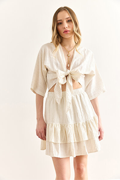 Olalook Women's Ecru Top Blouse Bottom Skirt Set Tkm-19000390