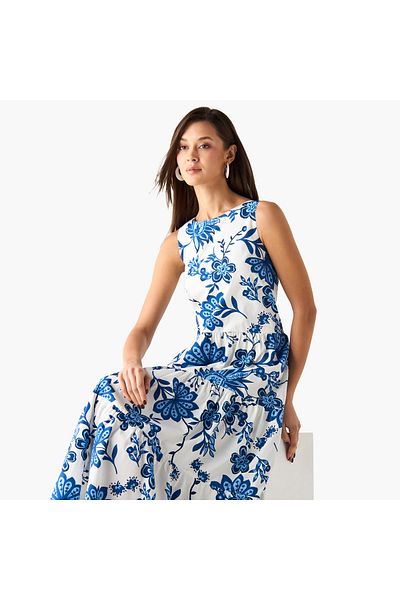 FAV Floral Print Sleeveless Tiered Dress with Tie-Up Detail