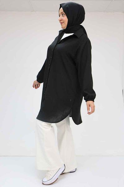 Eslina 58030 Large Size Men's Collared Linen Shirt Tunic - Black