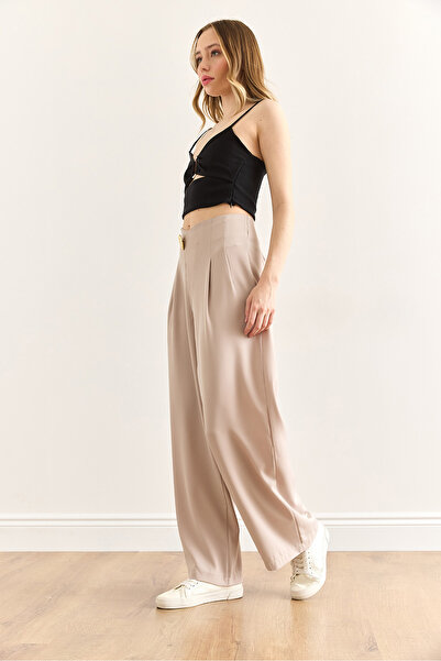 Olalook Kadın Taş Düğme Detaylı Fermuarlı Dökümlü Bol Paça Pantolon PNT-19000346