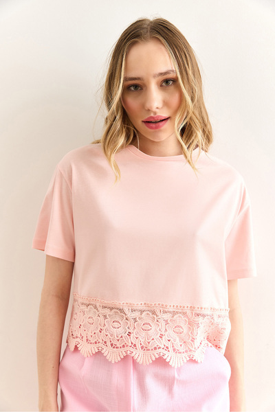 Olalook Γυναικεία ροζ φούστα με λεπτομέρεια μπλουζάκι TSH-19000873