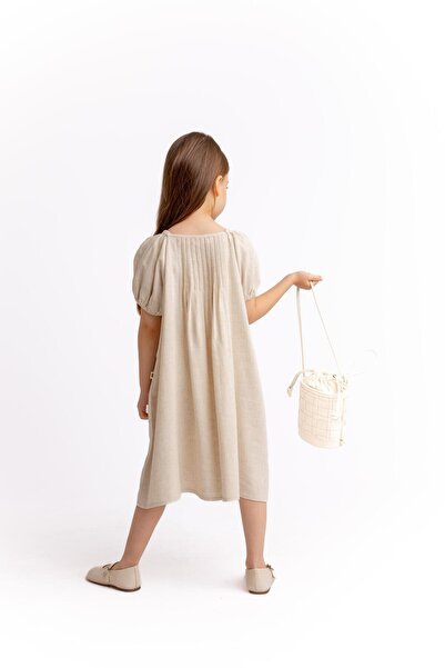 Cigit Ribbed Linen Dress 2-7 Years Natural