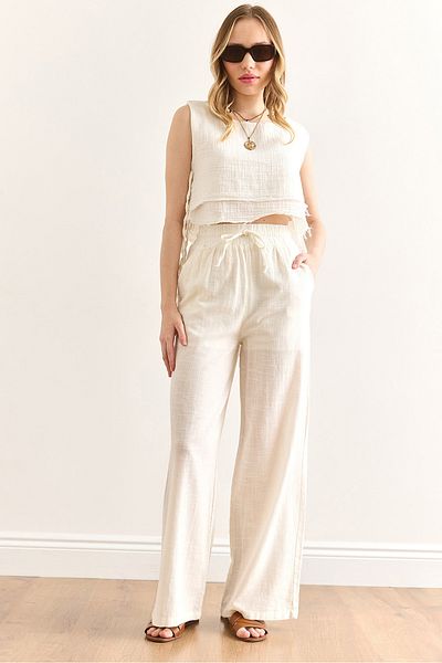 Olalook Women's White Pocket Lined Elastic Waist Linen Content Wide Leg Pants Pnt-19000345