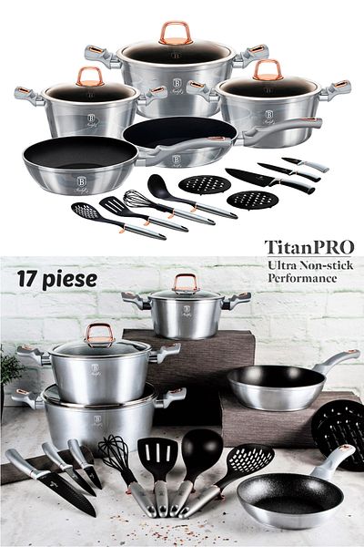 Berlinger Titanium Cookware Set Pot Pans Set 17 Pcs Moonlight Edition Induction All Stoves
