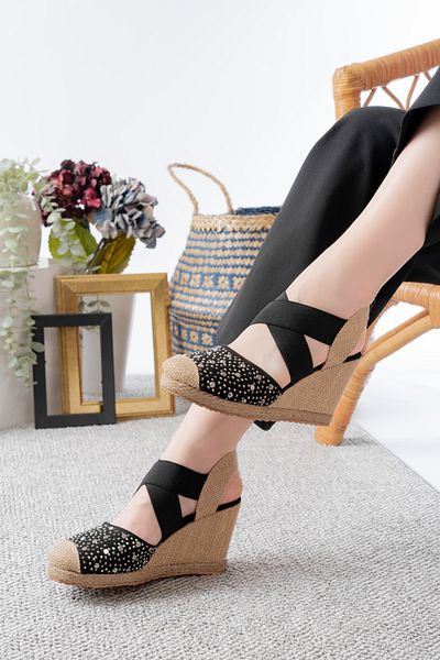 Egepass Sole Di̇ Sabbia Espadrille Style Shoes with Straw Sole and Stone Detail in Beige and Black Color Wedge Heel