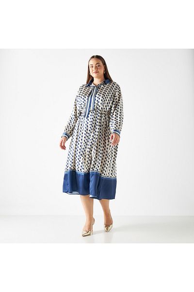 FAV Plus Size All-Over Print Dress with Tie-Ups and Long Sleeves