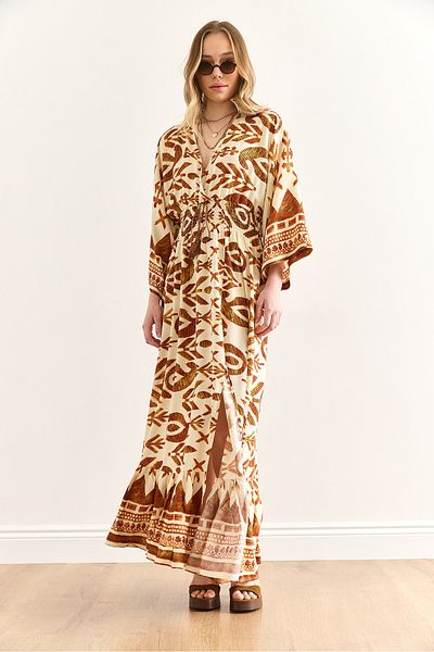 Olalook Women's Ethnic Brown Double Breasted Collar Waist Gimped Maxi Slit Viscose Dress Elb-19002433