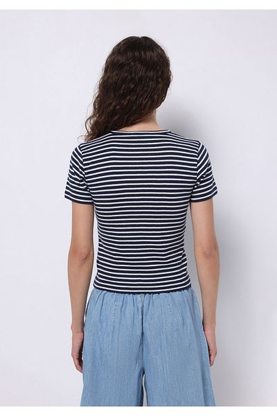 Colin's Slim Fit Round Neck Striped Women's Navy Blue Short Sleeve T-Shirt