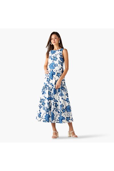 FAV Floral Print Sleeveless Tiered Dress with Tie-Up Detail