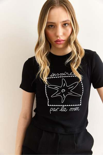 Olalook Women's Star Black Printed Soft Touch Saran Flexible Body Bdy-00000058