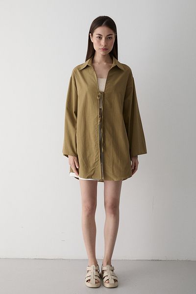 Laluvia Ölgrüne Kimono-Bluse mit Schnürung