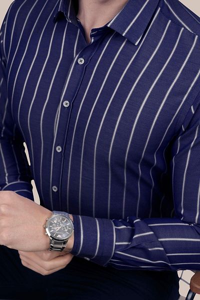 Etikmen Navy Blue White Striped Slimfit Men's Shirt with Gift Box