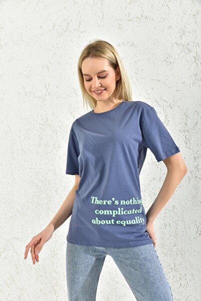 MOVİMENT Albastru bleumarin guler rotund cu imprimeu tricou