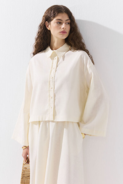 Hooopstore Lyocell Linen Basic Short Ecru Shirt