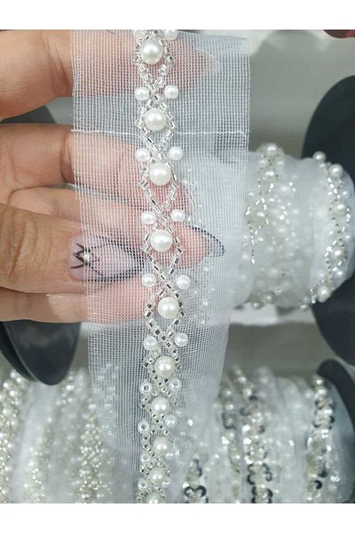 ESRA ŞELEM White Tulle Bias Beaded Decorative Ribbon Accessory Applique Sewing Accessory