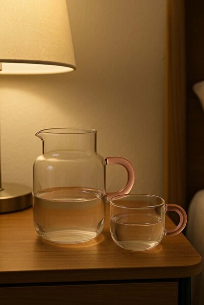 Jenisa Cam Başucu Sürahi Bardaklı Pembe Detaylı