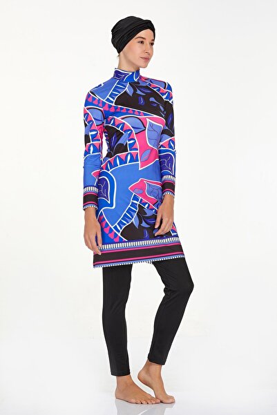 Adasea 4504 Black Leaf Patterned Full Covered Hijab Swimsuit