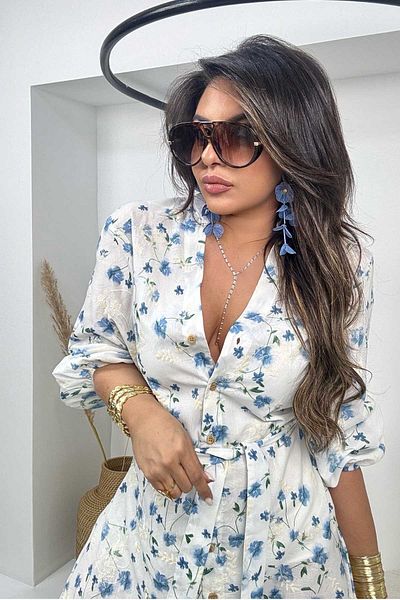 Sohotique By P Floral Pattern and Embroidered Mini Shirt Dress Blue-White