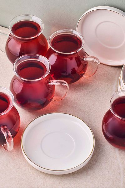 Perotti Kanlıca Gold 12 Piece 6-Person Glass Tea Set with Handles 210 ml