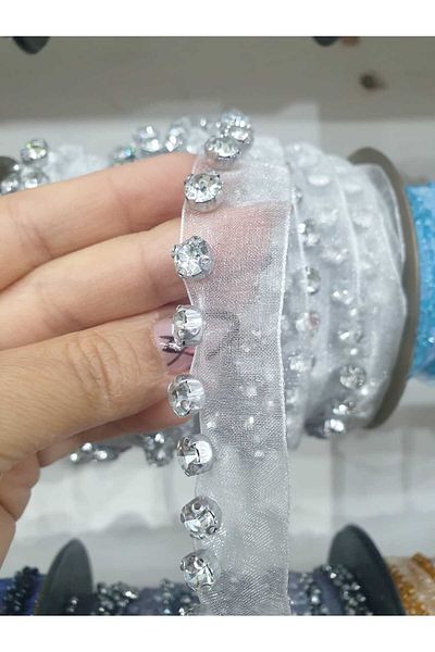 ESRA ŞELEM White Tulle Bias Stone Decorative Ribbon Sewing Accessory Applique Hobby