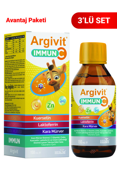 Argivit Immun C Şurup 3'lü Paket - Kara Mürver, C Vitamini, Çinko, Kuersetin, Laktoferrin Şurup 150 ml