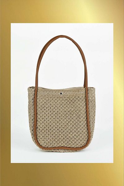 birizmoda Women's Knitted Hand and Shoulder Bag (with Makeup Bag) - Brown