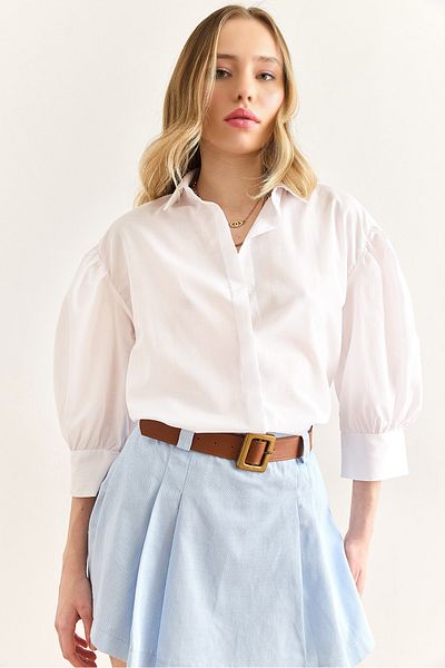 Olalook Women's White Hidden Placket Balloon Sleeve Terry Cotton Shirt Gml-19001280