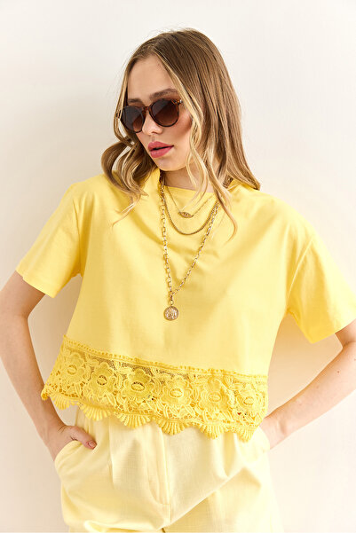 Olalook Γυναικεία κίτρινη φούστα με λεπτομέρεια μπλουζάκι TSH-19000873