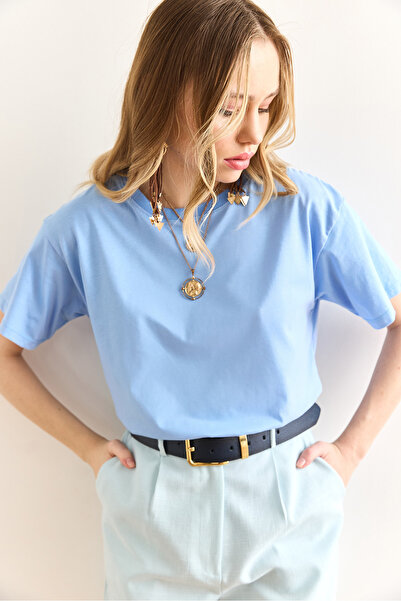 Olalook Damska koszulka typu basic z okrągłym dekoltem w kolorze jasnoniebieskim TSH-19000774