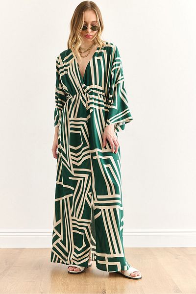 Olalook Women's Geometric Green Double Breasted Collar Elastic Waist Maxi Slit Viscose Dress Elb-19002383