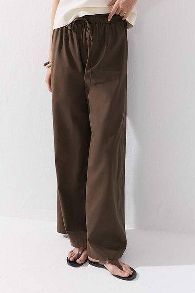 Hooopstore Lyocell Linen Flowy Elastic Ash Brown Trousers