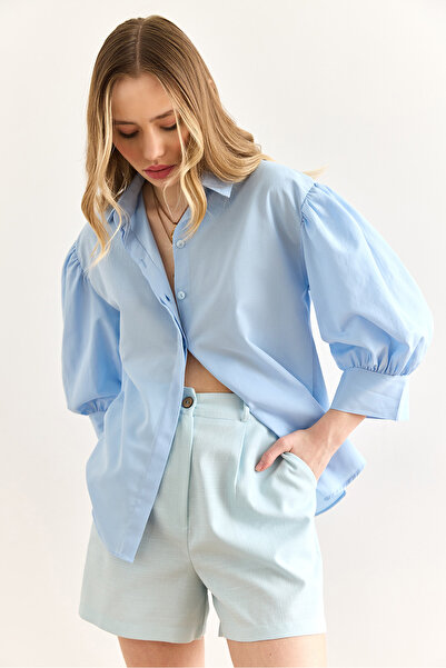 Olalook Women's Blue Hidden Placket Balloon Sleeve Terry Cotton Shirt Gml-19001280
