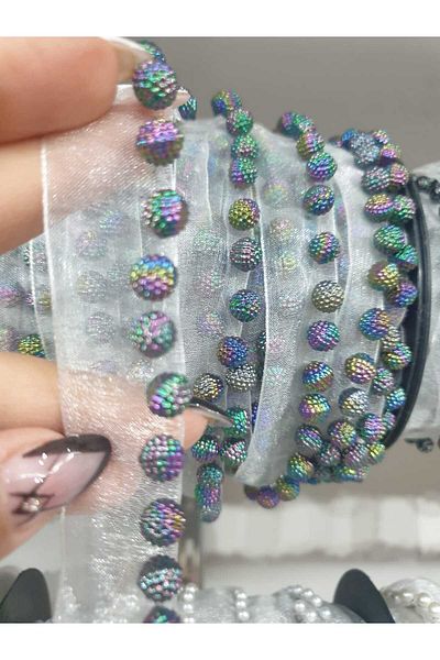 ESRA ŞELEM White Tulle Bias Colorful Ball Beaded Decorative Ribbon Applique Sewing Accessory