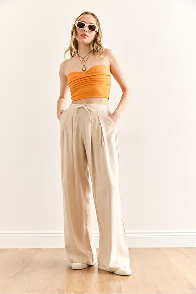 Olalook Kadın Taş Cepli Pliseli Dökümlü Bol Paça Pantolon PNT-19000349