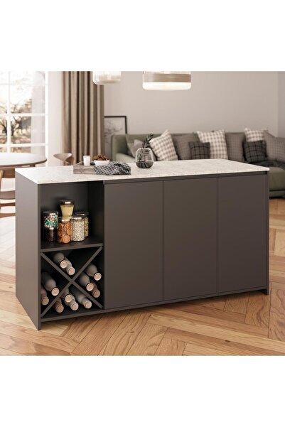 Bimossa Gustav L4730 Mutfak Adası 160cm Carrara Mermer Antrasit Şaraplık Bar Masası Çok Amaçlı Dolap
