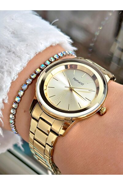 Ferrucci Altın Gold Renk Sade Aynalı Cam Kadın Kol Saati + BİLEKLİK