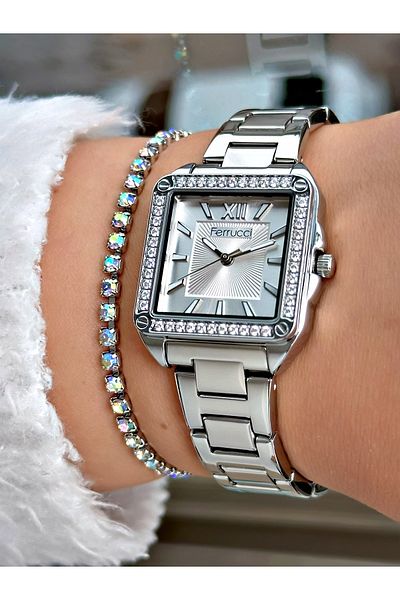 Ferrucci Silver Color Square Model Stone Women's Wristwatch + Bracelet