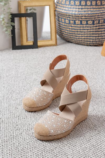 Egepass Sole Di̇ Sabbia Espadrille Style Shoes with Straw Sole and Stone Detail in Beige and Black Color Wedge Heel