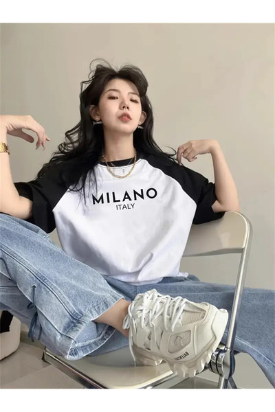 Agolady Γυναικείο μπλουζάκι Raglan Sleeve Μαύρο Λευκό Oversize