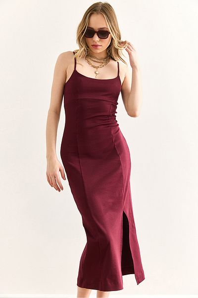 Olalook Burgunderfarbenes Midi-Stahlkleid mit Trägern und Schlitz für Damen ELB-19002430