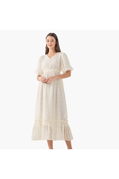 FAV Textured A-Line Midi Dress with V-Neck and Short Sleeves