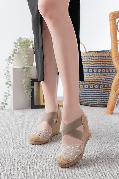 Egepass Sole Di̇ Sabbia Espadrille Style Shoes with Straw Sole and Stone Detail in Beige and Black Color Wedge Heel