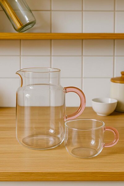 Jenisa Cam Başucu Sürahi Bardaklı Pembe Detaylı